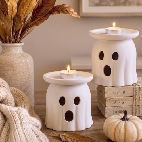 Tioncy 2 Pcs Halloween Terracotta Ghost Candle Holder Table Decor White - Image 6