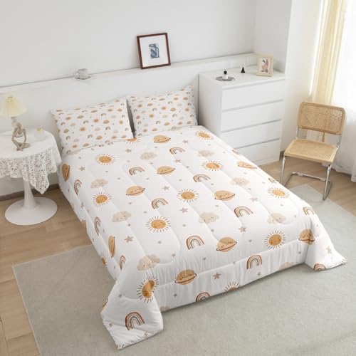 Erosebridal Girls Rainbow Comforter Set Kids Sun and Stars Quilt King Children Kawaii Planets Clouds Comforters & Sets Girly Cartoon Theme Bedding Set Iridescent Print Down Comforter + 2 Pillowcases - Image 4
