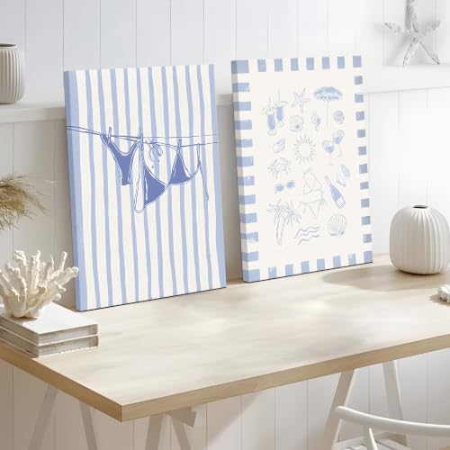 Trendy Coastal Canvas Wall Art Set of 2, Blue Bikini Granddaughter Room Wall Decor Paintings, Preppy Coastal Shell Girls Dorm Posters Prints Pictures for Living Room Bedroom 16x24 Inch Framed - Image 2