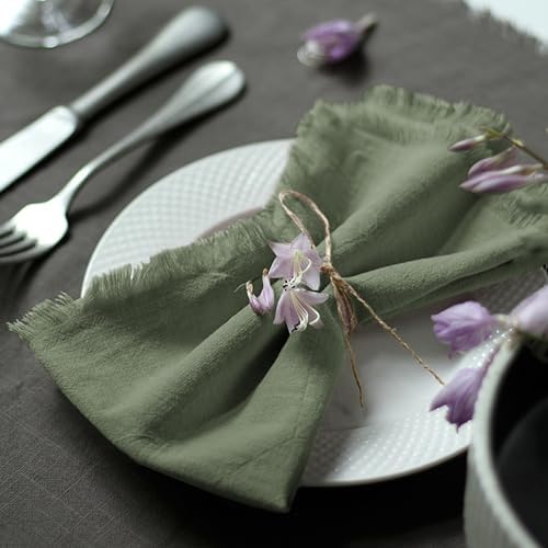 Handmade Cloth Napkins 100% Cotton Napkins with Fringe，Delicate Handmade Cloth Napkins for Dinners, Parties, Weddings and More，18 x 18 Inch Set of 12 - Sage Green by Ayuzawa