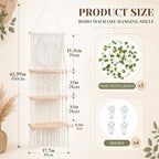 Boho Macrame Wall Plant Hanger Shelf, 3-Tier Hanging Display Shelves with LED String Lights, Wooden Floating Organizer Natural Cotton Rope for Indoor Plants Living Room Bedroom Balcony - Image 2