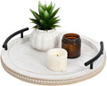 SwallowLiving White Wooden Beaded Serving Tray with Handle Decorative Rustic Whitewashed Tray for Coffee Table Farmhouse Round Tray for Kitchen, Living Room and Bedroom by SwallowLiving