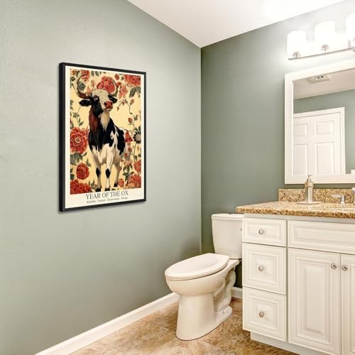 Chinese Lunar Year of the Ox Art Print – Traditional Oriental Home Decor with Red Floral Pattern Reliable Determined Strong Zodiac Wall Decor Aesthetic Family Wall Art 20X30 in Black Framed - Image 5