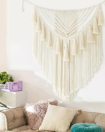 Jakalin Macrame Wall Hanging Small Yarn Wall Art Ivory Boho Decor 31"Wx39"L - Image 3