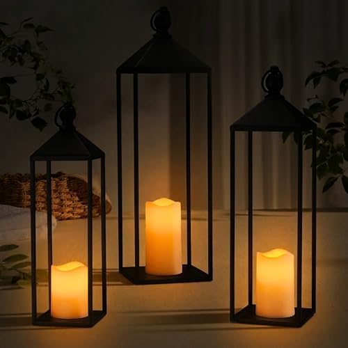 Perfnique Decorative Lanterns for Indoor & Outdoor, Set of 3 Black Metal Lanterns (22" & 19" & 17") with LED Timer Flameless Candles, Farmhouse Modern Decor for Front Porch, Patio, Garden, Mantle - Image 6