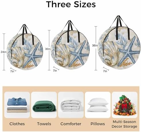 Ocean Life Round Storage Bag 24 Inch, Marine Coral Algae Shell Starfish Oil Painting Clothes Storage Container with Handles Heavy Duty Organizer for Comforter, Bedding & Holiday Wreaths - Image 7