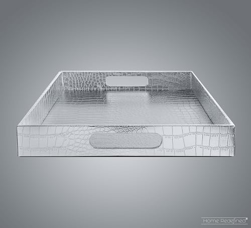 Home Redefined 17.5"x12" Silver Glossy Crocodile Faux Leather Serving Tray Beautiful Modern Elegant Decorative Tray with Handles Ottoman Coffee Table Ottoman Perfume Makeup Display for All Occasion's - Image 4