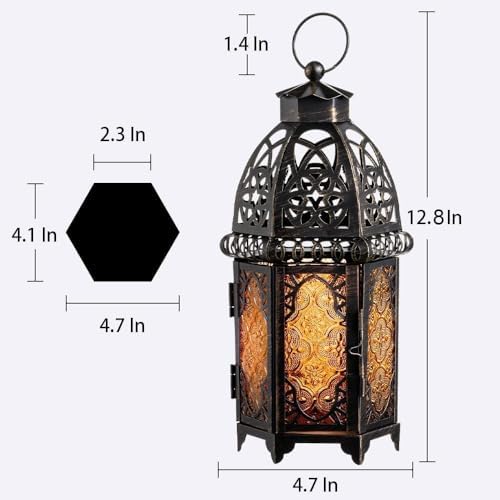 Set of 2 Vintage Large Decorative Moroccan Candle Lantern, 12.8’’ Metal Hanging&Tabletop Lantern Candle Holder Decor, Christmas Decorations Indoor Outdoor Patio (Amber) Ramadan Decorations - Image 3