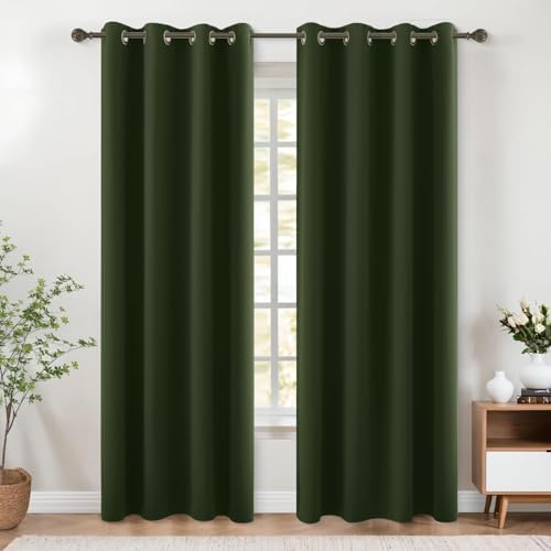 KOUFALL Dark Olive Green Blackout Curtains 84 Inches Long Moss Green Vintage Curtain with Bronze Gold Grommets,Natural Boho Mid Century Modern Curtains & Drapes for Living Room Bedroom - Image 2