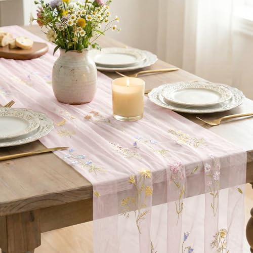 Artoid Mode 6PC Wildflower Floral Light Pink Gauze Embroidery Table Runner 120 Inch 10FT, Tulle Seasonal Spring Kitchen Dining Table Decor for Home Party - Image 4