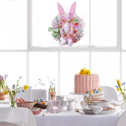 Easter Wreaths for Front Door with Lights,Easter Door Wreath,Easter Mesh Wreath,Bunny Spring Colorful Easter Decorations Holiday Ornament for Home Indoor Outdoor Supplies (Pink Bunny Butt) - Image 2