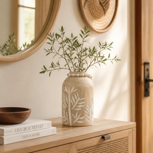 Room Decor Flower Vase，Farmhouse Wood Vases Home Decor，Living Room Centerpieces for Tables Decorations,Ceramic Flower Pot for Shelf Kitchen Counter,Laundry Office House Bedroom Cottage Core Decor - Image 3