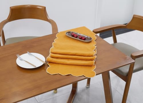 100% Natural Linen Rustic Scalloped Embroidery Table Runner 104 Inches Long, Linen Table Runner for Dresser and Dining Tables Decor, 8-10 Sets, 14''x104'', Rust(Edges-Gold) - Image 5