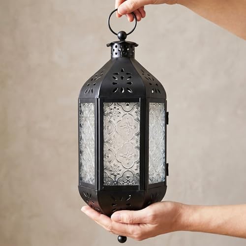 Vela Lanterns Hanging Moroccan Lantern with LED Twinkle Fairy Lights - Exotic Decorative Patio & Porch Decor, Indoor Outdoor Candle Lamp Holder with Chain (13" Large, Clear Glass) - Image 7