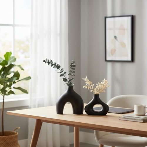 Carrot's Den Black Ceramic Modern Vase Set of 2, Donut Shelf Decor, Black - Image 4