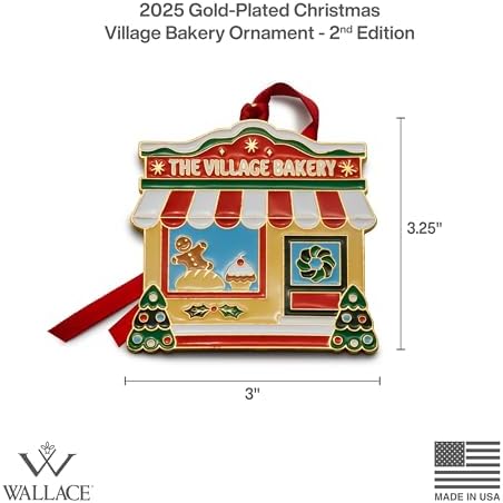 Wallace 2025 Gold-Plated Enamel Christmas Village Bakery Ornament - 2nd Edition Annual Collectible Series - 24K Gold Back, Dated, Gift Box and Velvet Pouch Included - Image 2