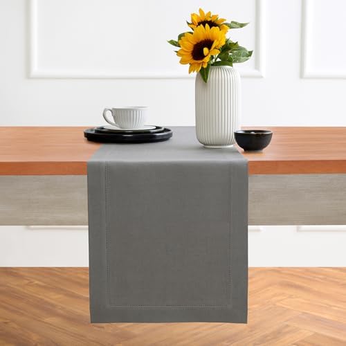 Solino Home 100% Pure Linen Table Runner Gray, Classic Hemstitch 14 x 72 in by SolinoHome