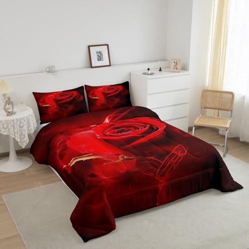 Erosebridal Red Rose Floral Bedding Set Full Size,Romantic Flowers Down Comforter for Girls Valentine's Day Gift,3D Digital Printed Duvet Set 3Pcs Soft Bedding Comforter Sets with 2 Pillow Shams - Image 3