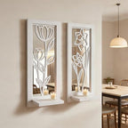 ZEXUIRU 2 Set Rustic Candle Sconces Living Room Bedroom Entryway Wood Mirrored, Farmhouse, Carved Frame Wall-Mount Wooden Candle Holders Wall Decor Hanging Handmade Holder - Distressed White - Image 6
