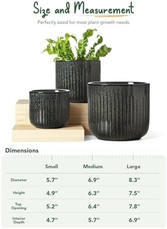 LE TAUCI Ceramic Pots for Plants, 8.3/7/6 Inch Indoor Planters with Drainage Holes & Mesh, Modern Glossy Glaze Cylinder Fluted Plant Pot for Snake Plant, Set of 3, Dark Olive - Image 5