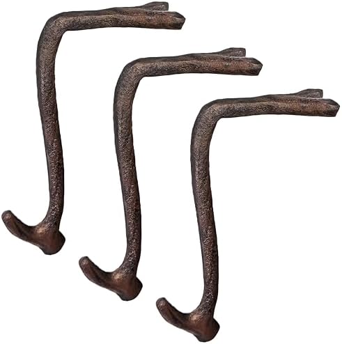 Lulu Decor,100% Cast Iron 8" Brown Straight Branch Stocking Holder for mantle Holds Up to 9 lbs Low Profile Design with Rubber Grip Ideal for Christmas Stockings Garland Holder Antler shape (Set of 3) by LuluDecor