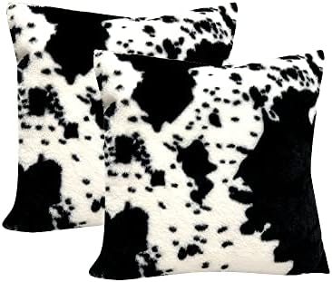 TOMWISH Pack of 2 Soft Cozy Fleece Flurry Throw Pillow Covers Cases for Couch Bed Sofa Farmhouse Cowhide Accent Animal Skin Black White Pattern Printed Both Sides 22x22Inch by HOMEDECOR