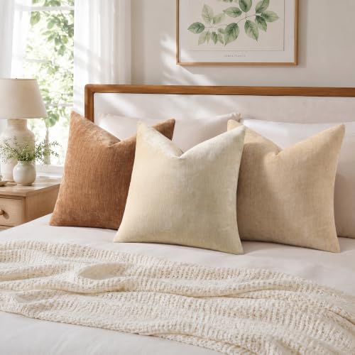 decorUhome Fall Chenille Desert Sand Throw Pillow Covers 26x26 Inch Set of 2, Decorative Soft Couch Pillow Covers Solid Dyed Accent Euro Sham Farmhouse Neutral Square Pillow Cases for Sofa - Image 4