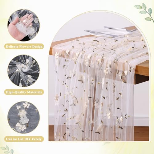 4 Pack Embroidery Floral Table Runner Rustic Spring Summer Wildflower Tulle Table Runner Vintage Flower Tabletop Runners for Home Kitchen Wedding Party Decoration, 108x24.5 Inch (Apricot Flowers) - Image 3