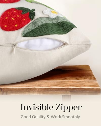 Embroidered Throw Pillow Covers 18x18 Inch - Set of 2 Summer Decorative Pillow Covers with Zipper Aesthetic Cute Design Throw Pillowcases for Couch Sofa Bed, Leaf Strawberry - Image 3