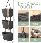 Wall Hanging Rope Baskets 3-Tier Boho Organizers (Gray & Black, Large) - Image 3