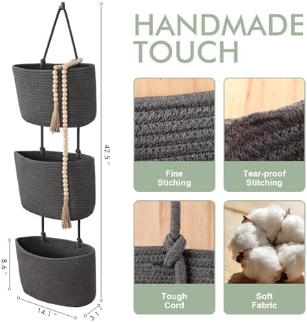 Wall Hanging Rope Baskets 3-Tier Boho Organizers (Gray & Black, Large) - Image 3