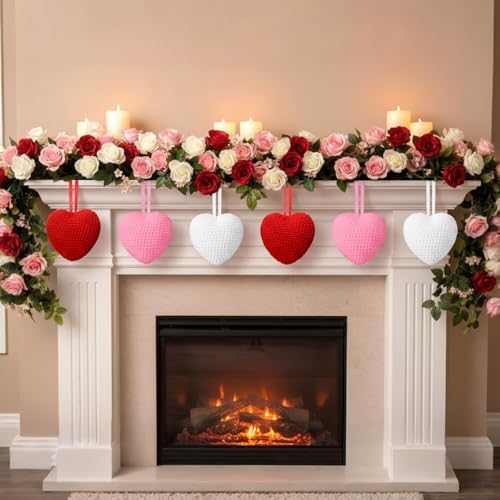Suncalla 6 Pcs Large 4.33 Inch Valentine's Day Heart Ornaments Hanging Knitted Crochet Heart Ornament Red Pink White Valentine's Day Hanging Decorations for Wedding Anniversary Party Decor DIY Crafts - Image 5