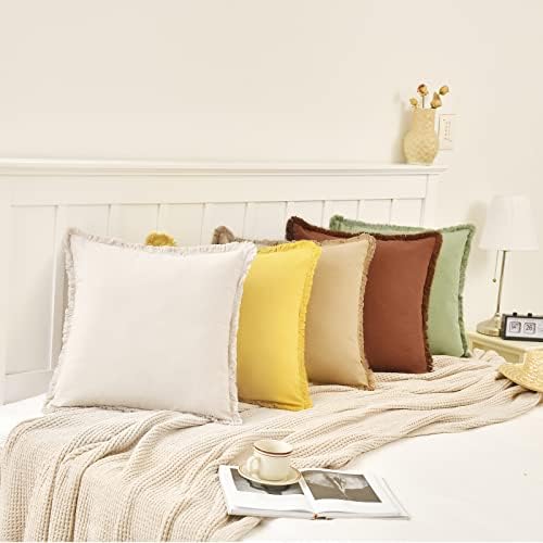 ZWJD Pillow Covers 18x18 Set of 2 Khaki Throw Pillow Covers with Fringe Chic Cotton Decorative Pillows Square Cushion Covers for Sofa Couch Bed Living Room Farmhouse Boho Decor - Image 3