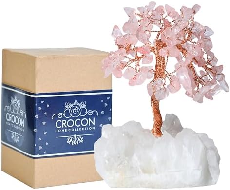 Crocon Rose Quartz Crystal Tree with White Aura Base Tree of Life Décor by Crocon