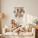 Jditngp Macrame Leaf Wall Hanging Boho Woven Tapestry,Vertical Large Wall Decor Tassels Grey brown Hand Woven Leaf Feather Pendants Nordic Wall Art for Bedroom Living Room Apartment 23.6" WX31.5 L - Image 2