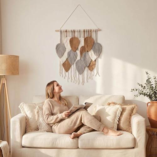 Jditngp Macrame Leaf Wall Hanging Boho Woven Tapestry,Vertical Large Wall Decor Tassels Grey brown Hand Woven Leaf Feather Pendants Nordic Wall Art for Bedroom Living Room Apartment 23.6" WX31.5 L - Image 2