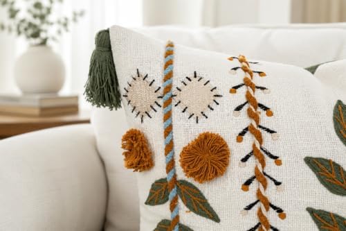 Boho Pom Pom Hand Embroidered 20x20 Pillow Cover, Ivory - Image 5