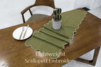 100% Natural Linen Rustic Scalloped Embroidery Table Runner 104 Inches Long, Linen Table Runner for Dresser and Dining Tables Decor, 8-10 Sets, 14''x104'', Olive Green(Edges-Gold) - Image 3