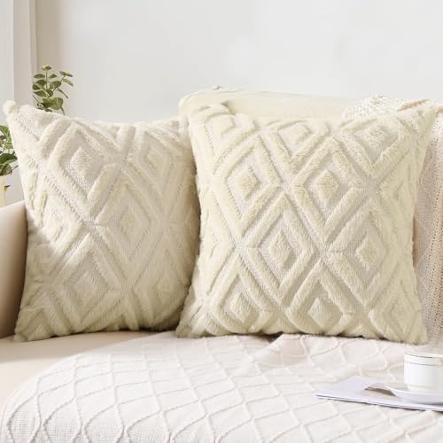 Pallene Fall Beige Faux Fur Throw Pillow Covers 24x24 Set of 2 by PALLENE