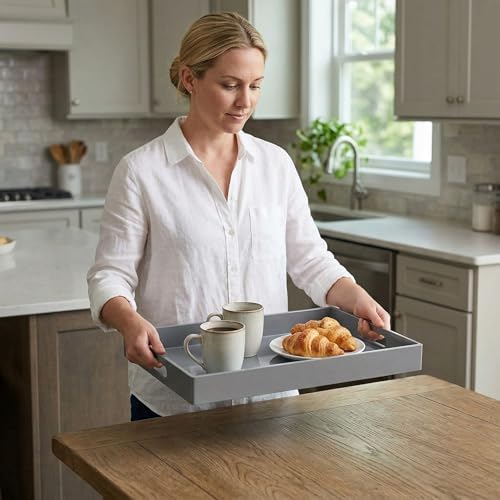 Grey Decorative Tray, Rectangular Large Serving Tray with Handles, Plastic Coffee Table Tray for Ottoman, Living Room, Kitchen Tabletop, 15.7” x 11.8” x1.6” - Image 5