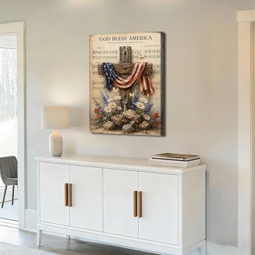 Ship Next Day – Patriotic Canvas Wall Art, God Bless America Cross with Flag, Rustic Country Farmhouse Decor, Wildflowers and Rocks, Americana Framed Prints for Bedroom - Image 3