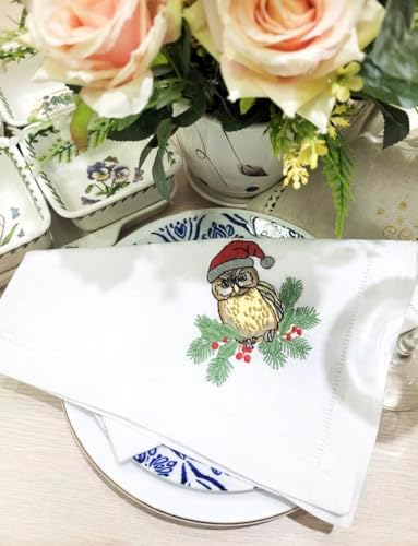 Embroidered Cloth Napkin Owl Christmas Cotton Napkins Set of 6, 20 x 20 Hemstitch Table Napkins, Machine Washable, for Daily & Holiday Dining, Great Gift Ideas - Image 7