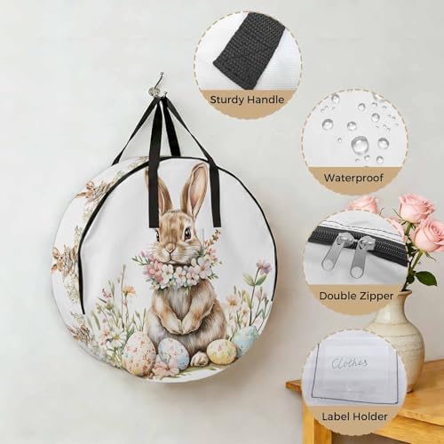 30 Inch Round Storage Bag 1 Pack,Easter Rabbit Wreath Colorful Egg Waterproof Wreath Storage Container with Handles&Zipper Spring Meadow Wild Flower Closet Organizer Bags Garland Box - Image 5
