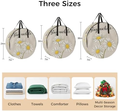 36 Inch Round Storage Bag 1 Pack,Farm Watercolor Daisy Flower Waterproof Wreath Storage Container with Handles&Zipper Floral Stay Quote on Burlap Closet Organizer Bags Garland Box - Image 7