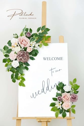 Wedding decor (pack of 2) Welcome Sign Flower Backdrop Garland For Ceremony Reception Wall Easel Home Decoration Entryway Faux Outdoor Board Head Table Decor (Dusty Rose) - Image 2