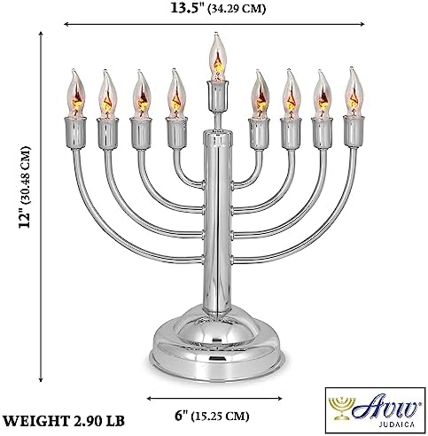 12" Quality Chanukah Menorah Round Base Highly Polished Chrome Plated Electric Menorah with Flickering Bulbs Candles for Chanukah Hanukkah Lights Menorah Chanukkah Decorations - Image 3
