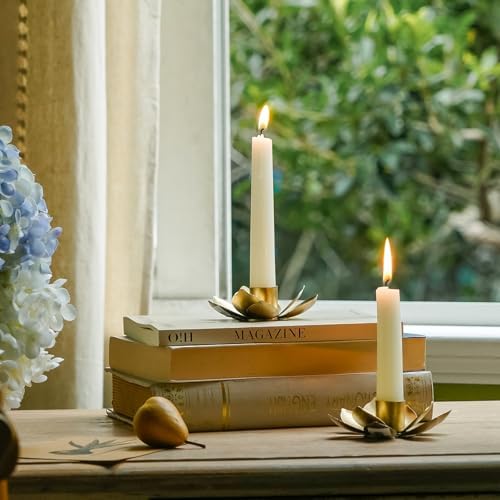 NIKKY HOME Vintage Gold Lotus Taper Candle Holders Set of 2, Floral Decor - Image 2