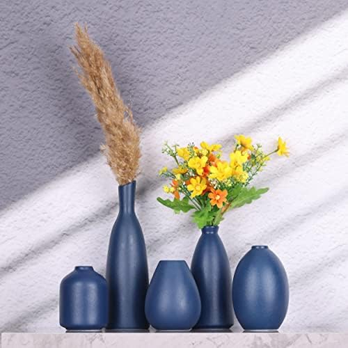 Blue Ceramic Vase - Set of 5 Blue Bud Vases, Modern Farmhouse Navy Blue Decorative Vases for Home, Office, Living Room, Table Decor - Ideal Centerpieces for Flowers, Shelf and Fireplace Accents - Image 5