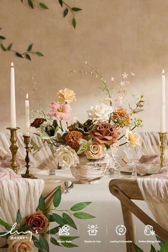 Ling's moment Fake Flowers Box, Faux Artificial Greenery Stems Foam Roses Dahlia Gardenia Tulip Silk Carnation Fabic Flower for Centerpieces Bouquet Wedding Vase, Apricot & Peach, Deluxe Combo - Image 2