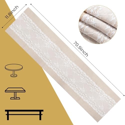 Shimeyao 12 Pcs Burlap Table Runners White Lace 11.8 x 70.9 Inch Rustic - Image 2